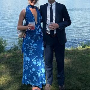 Hello Molly Blue Halter Velvet Maxi Dress